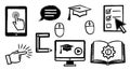 Black and white hand drawn education icons set including computer mouse, graduation cap, checklist, book with gear, tablet and Royalty Free Stock Photo