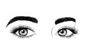 Black and white hand-drawn eyes with eyebrows and long eyelashes