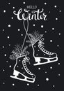 Black and white hand drawn hello winter greeting card with hanging skates