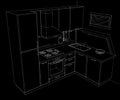 Black and white hand drawn illustration of small corner kitchen interior with built in fridge.