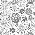 Black and white hand drawn line art floral seamless pattern.
