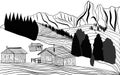 Black and white hand drawn mountain countryside