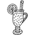 Black-white hand-drawn mulled wine in a glass with an orange slice and a cinnamon stick. Scandinavian style. Isolated doodle. Royalty Free Stock Photo