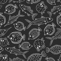 Black white hand drawn Seamless animal Doodle pattern. Set of isolated outline cartoon vector fish, tang, flounder, tuna, ocean