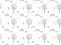 Black and white hand-drawn seamless pattern on the theme of the park, forest and nature. Stylized contour trees, bushes, flowers,