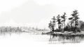 Serene Black And White Forest Painting: Tranquil Scenes Of Pine Trees By The Lake Royalty Free Stock Photo