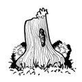 Black and white hand-drawn stump and shrub