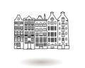 Black and white hand drawn vector illustration of multistory city buildings, downtown houses