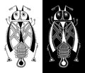 Black and white handmade liner drawing of ethnic beetle in flat