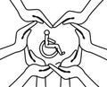 Black and white hands form a heart around a pictogram of a person in a wheelchair