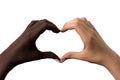 Black and white hands in the form of heart isolated on white background. Interracial friendship stop racism concept Royalty Free Stock Photo