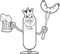 Black And White Happy King Sausage Cartoon Character Holding A Beer And Weenie On A Fork