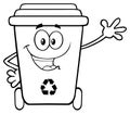 Black And White Happy Recycle Bin Cartoon Mascot Character Waving For Greeting Royalty Free Stock Photo