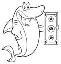 Black And White Happy Shark Cartoon Mascot Character Holding A Dollar Bill