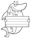 Black And White Happy Shark Cartoon Mascot Character Holding A Wooden Blank Sign