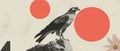 Minimalist collage of a hawk perched on a rock with geometric shapes and floral backgrounds Royalty Free Stock Photo