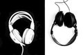 Black and white headphones on black and white backgrounds. The c