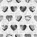 Black and white heart pattern seamless background design print. Vector textured hearts on canvas background illustration Royalty Free Stock Photo