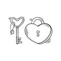 Black and white heart shaped lock with key with a little heart in doodle style