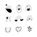 Black and white hearts, rainbows, windows abstract cute tattoo sketches. Black heart, rainbow isolated on white background