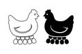 Black and white hen sitting on eggs line art and silhouette vector chicken nesting Royalty Free Stock Photo