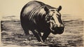 Black And White Hippo Drawing: Lithograph Style Print With Ashcan School Influence