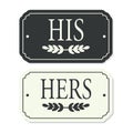 Black and white His and Hers message plates and leaf motif with wholes design element on white Royalty Free Stock Photo