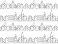 Black and white houses and buildings small town street linear art seamless pattern, vector Royalty Free Stock Photo