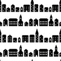 Black and white houses and buildings small town street seamless pattern, vector Royalty Free Stock Photo