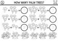 Black and white how many palm trees game. Tropical island line math addition activity for preschool children. Simple summer