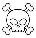 Black and white human skull and crossed bones icon. Vector line skeleton coloring page. Scary outline design for Halloween party