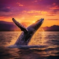 Black and white humpback whale tale coming out of the water with water splashing out