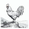 Realistic Rooster Sketch On Mountain: Detailed Comic Art Illustration