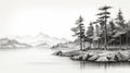 Black And White Hyperrealistic Illustration: Serene Forest By Lake And Mountain Royalty Free Stock Photo