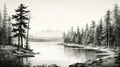 Black And White Hyperrealistic Painting Of Pine Trees By The Lake Royalty Free Stock Photo