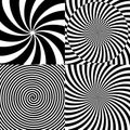 Black and White Hypnotic Psychedelic Spiral with Radial Rays, Twirl Background Collection Set Pattern. Vector Royalty Free Stock Photo