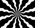 Black and white hypnotic spiral wave rays background. Psychedelic sunburst retro design