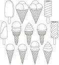 Black and white Ice cream cone icon set 13 elements. Royalty Free Stock Photo