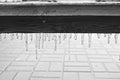 Black and white icicle on a wooden bench after a frozen rain