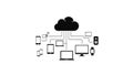 Black and white icon of a cloud connected to various electronic devices computing technology Royalty Free Stock Photo