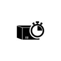 A black and white icon depicting a box or package along with a stopwatch or timer, representing the concept of timely