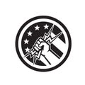 Electrician Hand Pipe Holding Lightning Bolt USA Flag Circle Icon Black and White Royalty Free Stock Photo