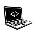 Black and white icon of a laptop computer displaying a code symbol coding programming Royalty Free Stock Photo