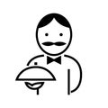 Black and white icon with a man waiter and a dish in his hand