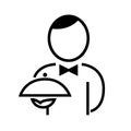 Black and white icon with a man waiter and a dish in his hand