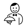 Black and white icon with a man waiter and a dish in his hand