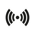 A black and white icon of a wireless signal on a white background