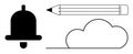 Black and White Icons of Bell, Pencil, and Cloud for Notifications, Writing, and Storage Concepts Royalty Free Stock Photo