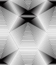 Black and white illusive abstract seamless pattern with geometric figures. Vector symmetric simple backdrop.