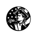 American Patriot Revolutionary Soldier Looking Up USA Flag Retro Black and White Royalty Free Stock Photo